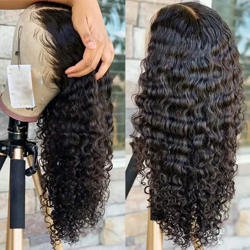 Miniatura 8 de Peluca de cabello humano rizado con encaje frontal transparente HD de onda profunda, previamente despuntada con abuelitos, nudos blanqueados