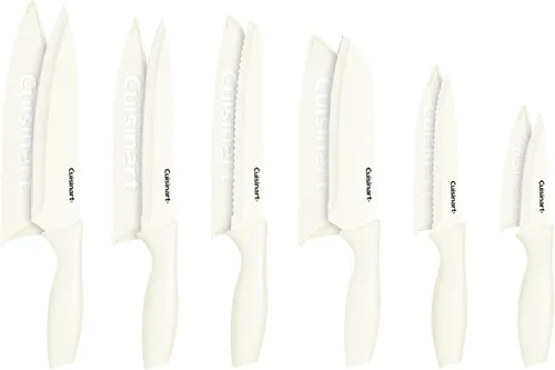 Juego de cuchillos Cuisinart, juego de 12 piezas con revestimiento de cerámica con 6 cuchillas y 6 protectores de cuchillas, ligero, de acero Crema