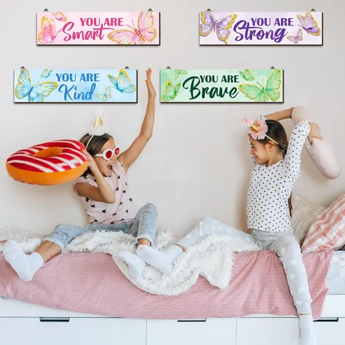 Miniatura 4 de Geetery 4 Piezas Letrero de Madera con Cita Inspiradora de Mariposa Decoración de Pared de Dormitorio para Hombres Mujeres Decoración de Arte