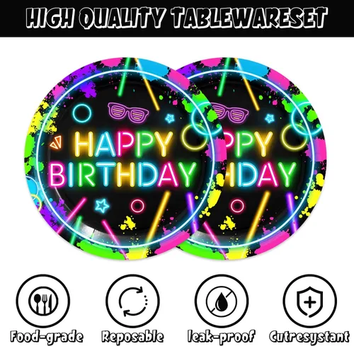Miniatura 3 de Platos y servilletas de cumpleaños de neón, decoraciones de fiesta, 40 piezas que no brillan para baby shower, decoraciones de fiesta de cumpleaños