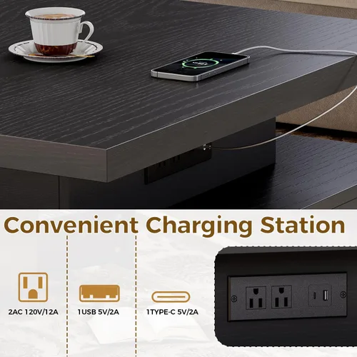 Miniatura 4 de Mesa de café IRONCK con luz LED y estación de carga, 4 cajones de almacenamiento con diseño de rejilla, mesa de café cuadrada para sala de estar