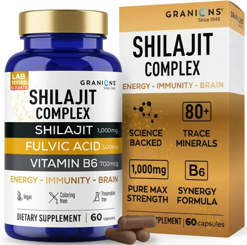 Miniatura 9 de Granions Pure Shilajit - Cápsulas para hombres – Suplemento de ácido fúlvico, 1,000 mg de shilajit del Himalaya con vitamina B6 – Ultra energía