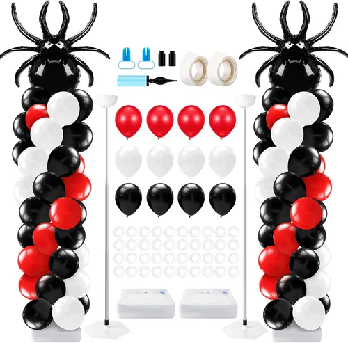 Miniatura 24 de Kasyat Juego de 2 soportes de columna de globos para fiesta de arañas con 2 arañas y 100 globos de látex rojos, azules y negros, soportes de arco