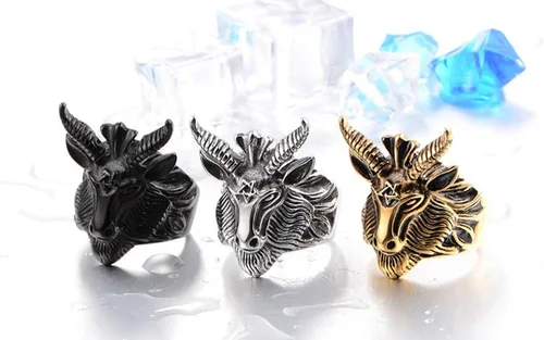 Miniatura 3 de HIJONES Anillo de motociclista de acero inoxidable para hombre, estilo baphomet, cuerno de cabra de satán, estilo baphom