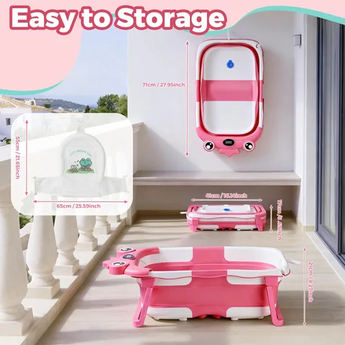 Miniatura 4 de Bañera para bebé, bañera plegable para bebé con cojín suave y termómetro, que ahorra espacio, plegable y de viaje, bañera para recién nacidos hasta