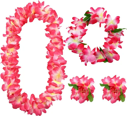 Hawaiian Leis 4-Piece Set | Extra-Fluffy 80-Petal Density Silk Flower Necklace, Headband & 2 Wristbands | Soft Tropical Luau Party Favors & Party
