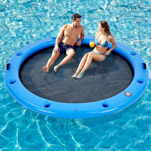 Miniatura 17 de 6-12FT Round Inflatable Floating Dock, Sunchill Float Ring, Water Hammock Tanning Pool Floats with Woven Fabric, Manual Pump for Quick Azul