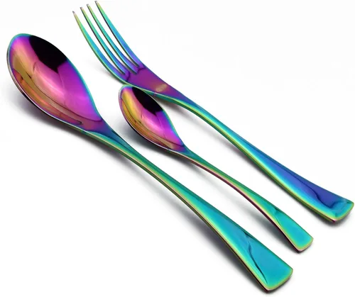 Miniatura 4 de Juego de cubiertos de arco iris colorido de 5 piezas, juego de cuchillos de cena de acero inoxidable 18/10, pulido de espejo, servicio para 1