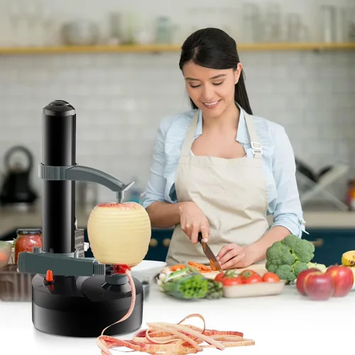 Miniatura 9 de TOPCHANCES Pelador de patatas eléctrico automático multifuncional, cortador de frutas y verduras giratorio automático, herramienta de pelado de Negro