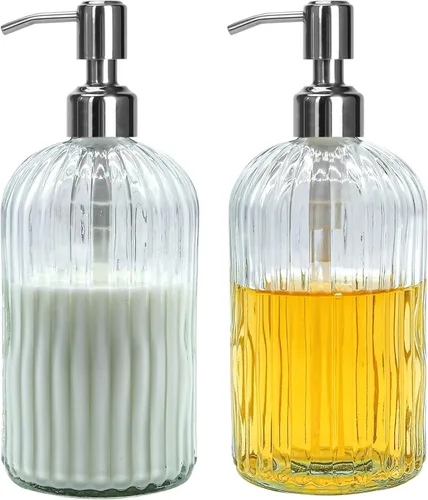 Dispensador de jabón de vidrio transparente de 18 onzas, paquete de 2 dispensadores de jabón para platos de manos para baño con bomba de acero