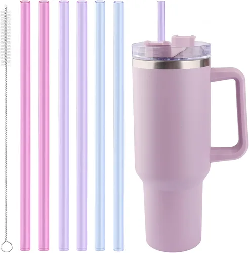 Joshey Pajitas de repuesto Tritan de 12 pulgadas para vaso Stanley de 40 onzas, paquete de 6 popotes largos reutilizables con cepillo de limpieza,