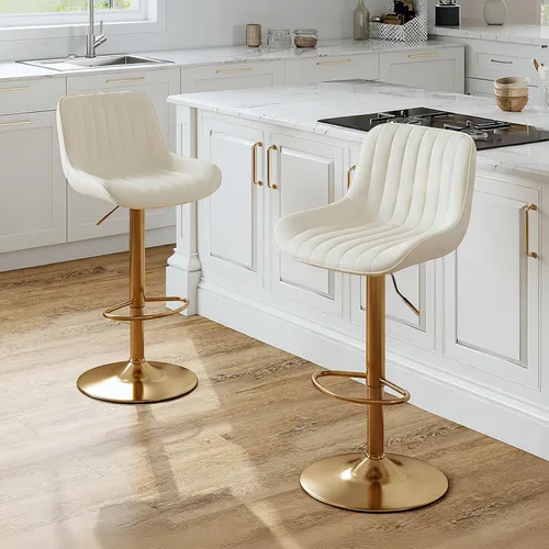 Miniatura 8 de Juego de 4 taburetes de bar giratorios de terciopelo con respaldo y reposapiés, sillas de bar doradas modernas ajustables para isla de cocina, bar