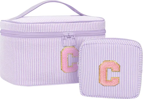 Miniatura 15 de Juego de bolsas de maquillaje con iniciales para niñas y mujeres, bolsa de cosméticos con monograma con soporte para cepillos, estuche de maquillaje