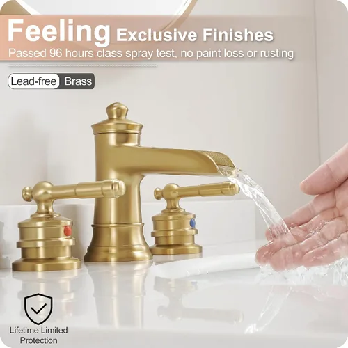 Miniatura 4 de Grifo de Baño Dorado Cascada, Grifos de Baño de Latón de 4-16 Pulgadas 3 Agujeros, Extendido 2 Manijas con Manguera de Agua Preinstalada y Desagüe