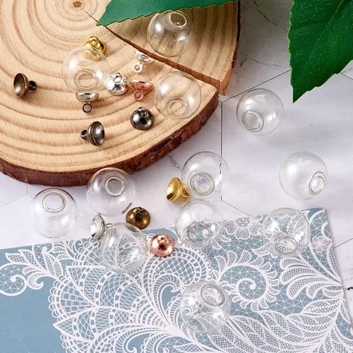 Miniatura 3 de Pandahall - 60 cuentas redondas hechas a mano de 0.551 in de vidrio transparente soplado con 5 colores de tapa de latón, botellas de bola de cristal