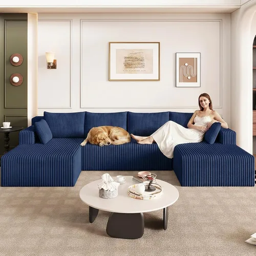 Miniatura 20 de Sofá modular de 95 pulgadas con otomana, moderno sofá nube de pana con asiento profundo, sofá sin hueso tapizado de 3 plazas en forma de U para sala