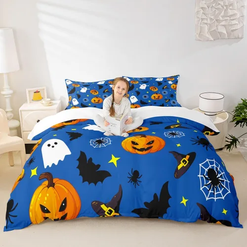 Manfei Juego de funda de edredón con diseño de calabaza, tamaño individual, funda de edredón con 1 funda de almohada, juego de ropa de cama de 2