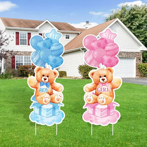 Miniatura 14 de 2 juegos de letreros de plástico para baby shower con estacas, decoraciones al aire libre para revelación de género, azul y rosa, letrero de patio