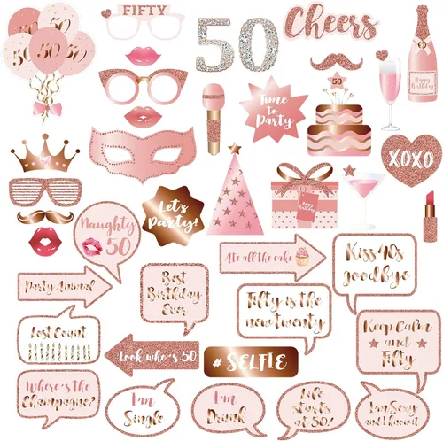 Accesorios y letreros para cabina de fotos de fiesta de cumpleaños número 50, color oro rosa 50, kit de accesorios para selfies con palos para niñas