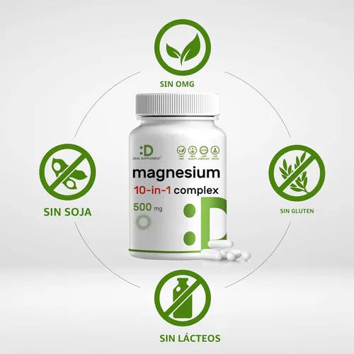 Miniatura 3 de Complejo de magnesio de 500 mg, 240 cápsulas vegetales – 10 en 1 glicinato, citrato, malato, óxido y más – 100% quelado para una fácil absorción