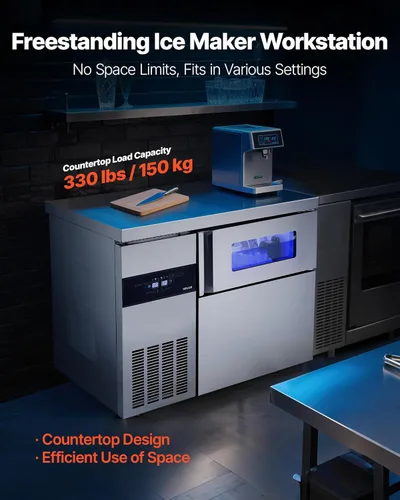 Miniatura 2 de VEVOR Máquina comercial para hacer hielo, máquina de hielo de acero inoxidable de 220 libras/24 horas con encimera, almacenamiento de 66 libras