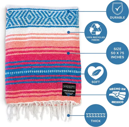 Miniatura 3 de Manta mexicana tipo sarape, tejida a mano, perfecta para usarse como tapete de yoga, manta de playa, manta de picnic, montura de caballo