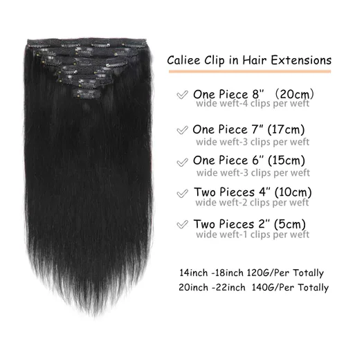 Miniatura 2 de Caliee Extensiones de cabello con pinzas de cabello humano 14 pulgadas Color 1 Negro azabache trama doble invisibles Extensiones de cabello humano
