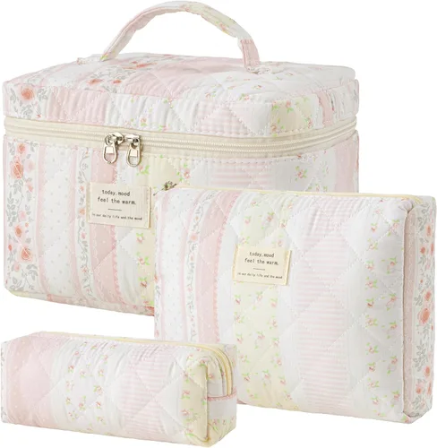 Miniatura 43 de HBselect Bolsa de maquillaje acolchada, 3 piezas de algodón grande, bolsa de maquillaje de viaje, bonita bolsa de maquillaje floral de coqueta