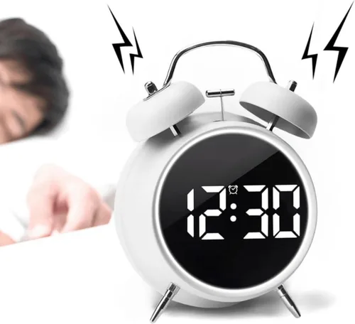 Miniatura 7 de Pequeño reloj despertador electrónico LED de doble campana, reloj despertador de metal ruidoso para dormir pesado, reloj despertador digital