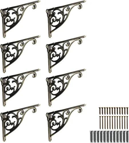 Miniatura 69 de Soportes de estante de 4 pulgadas, paquete de 4 soportes de pared de latón antiguo de alta resistencia, estantes decorativos de cocina victoriana