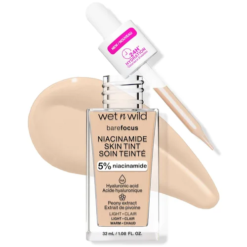 wet n wild Bare Focus Tinte para la Piel, Enriquecido con 5% Niacinamida, Cobertura Ligera Transparente Modulable, Acabado Radiante Natural, Claro