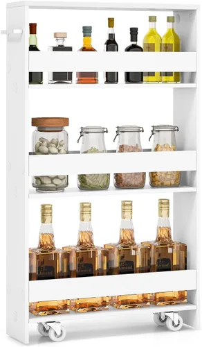 Miniatura 11 de LOKO Carrito de almacenamiento delgado, carrito rodante de 4 niveles con asa y parte superior de madera para cocina, baño, lavandería, sala de negro