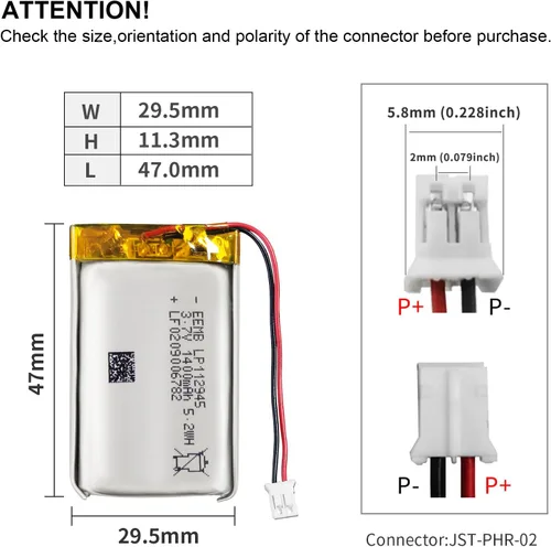 Miniatura 3 de EEMB Batería de polímero de litio 3.7V 1400mAh 112945 Lipo Batería recargable con conector JST de cable para altavoz y dispositivo inalámbrico