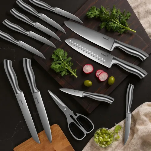 Miniatura 5 de Kuisine Juego de Cuchillos de Chef Afilados Mejorados con Bloque, Moldeado de Una Pieza de Acero Inoxidable de Alto Carbono Forjado, Juego de Bloque