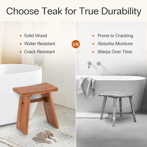 Miniatura 5 de StrongTek Taburete de ducha de teca, banco de baño de madera de teca maciza preaceitada de 18 pulgadas para baño, spa y hogar, asiento ergonómico