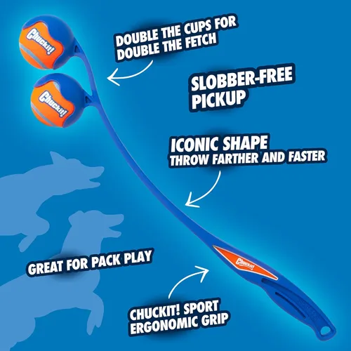 Miniatura 3 de Chuckit! The Duo - Juguete para perro lanzador doble de 72.2 ft, 22 pulgadas de largo, incluye 2 pelotas de tenis medianas (2.5 pulgadas)