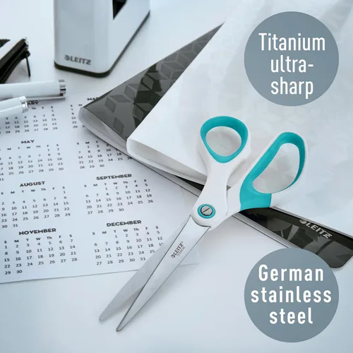 Miniatura 2 de Leitz Tijeras de titanio, para diestros o zurdos (ambidiestros), 2.6 x 0.6 x 5.9 in, papelería de oficina, mango ergonómico, rango WOW, azul hielo