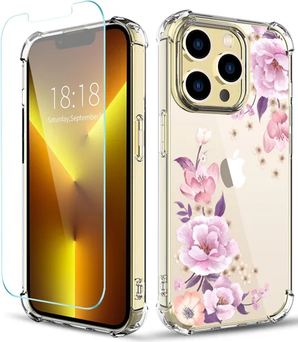 Funda con diseño de patrón de flores para iPhone 13 Pro Max [con protector de pantalla], funda transparente floral para teléfono de mujer a prueba