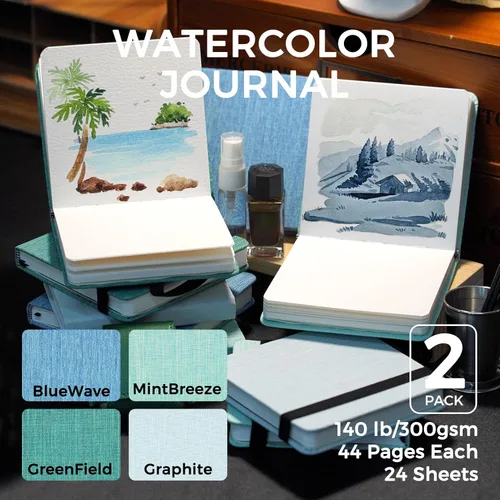 Miniatura 2 de Cuaderno de acuarela Funto, 4.7x4.7, paquete de 2, 24 hojas cada uno, 100% algodón prensado en frío, 300 g/m²/140 lb, suministros de arte para Azul