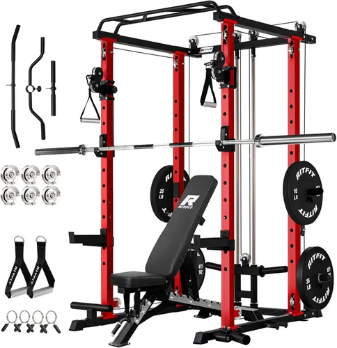 Miniatura 8 de RitFit El paquete multifunción de garaje y gimnasio en casa incluye jaula de potencia de 1200 libras PPC03/P3 con sistema de cruce de cables, banco