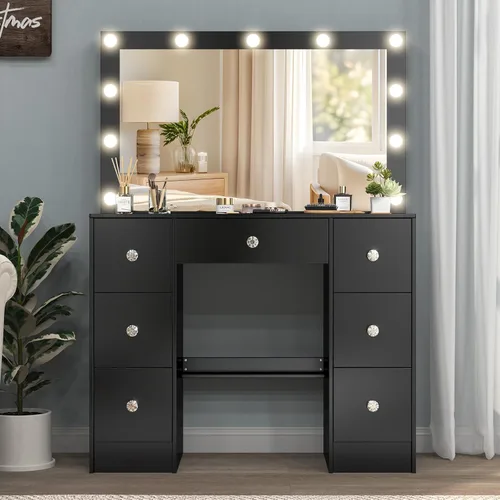 Miniatura 14 de Espejo de tocador con luces, escritorio y silla, 5 cajones y gabinete, mesa de maquillaje con espejo grande HD, 3 modos de iluminación, mesa