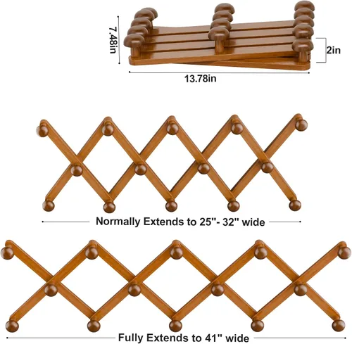 Miniatura 2 de WGFKVAS Perchero para sombreros de pared con 14 ganchos, de madera maciza, perchero expandible para colgar abrigos, sombreros, bolsos, gorras
