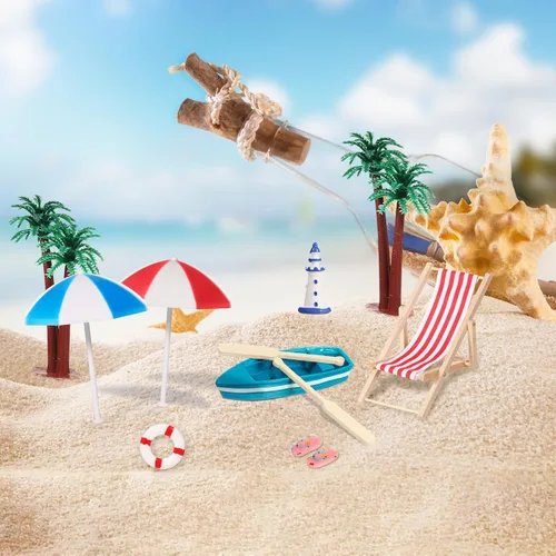 Miniatura 3 de Juego de accesorios de playa en miniatura 1 12 escala micro escena decoración con silla plegable para tomar el sol y paraguas para casa de muñecas