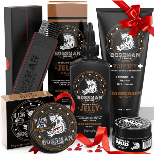 Miniatura 11 de Bossman Kit completo de gelatina de aceite para barba para hombre, acondicionador de ducha fortificante, bálsamo, cera de bigote y peine, suavizante