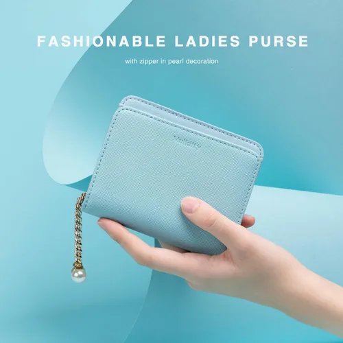 Miniatura 4 de Cartera para mujer con colgante de perlas RFID bloqueo tarjeta de crédito cartera de cuero premium, Celeste, Minimalista