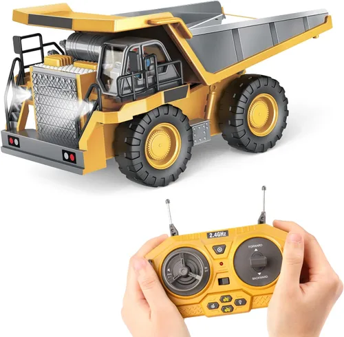 PREPOP Camión volquete RC para niños, camión de construcción a control remoto con cama de metal, luces y sonidos, para niños de 6 a 10 años en