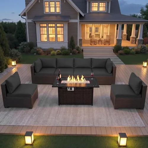 Miniatura 13 de LEVELEVE Juego de muebles de patio al aire libre, sofá seccional de conversación de ratán de tejido manual con mesa de centro de vidrio templado