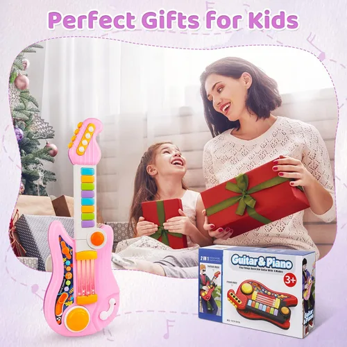 Miniatura 6 de Guitarra para niños 2 en 1 Instrumentos musicales para niños Piano para niños pequeños Juguete de guitarra eléctrica con correa Juguetes musicales