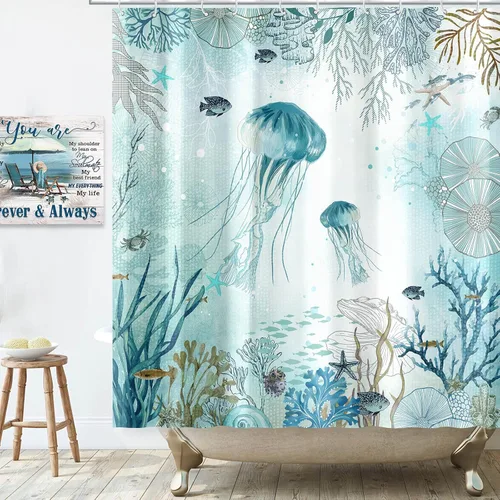 Miniatura 4 de Neasow Cortina de ducha náutica, cortinas de ducha con diseño de medusas verde azulado con 12 ganchos, cortina de baño coral de 72 x 72 pulgadas