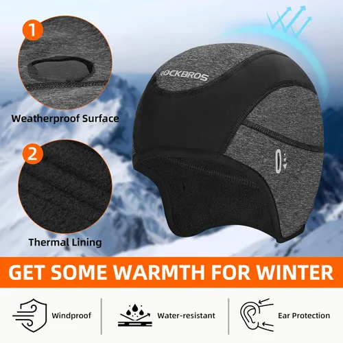 Miniatura 4 de ROCKBROS Gorras de ciclismo de invierno para hombres y mujeres, sombrero de ciclismo a prueba de viento con visera solar debajo del casco forro negro